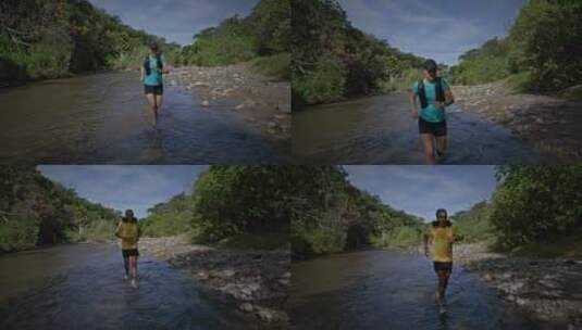 女人和男人慢跑过河高清在线视频素材下载