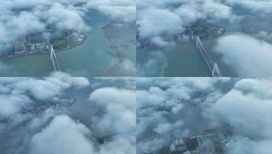 航拍海口世纪大桥穿云云海高清在线视频素材下载