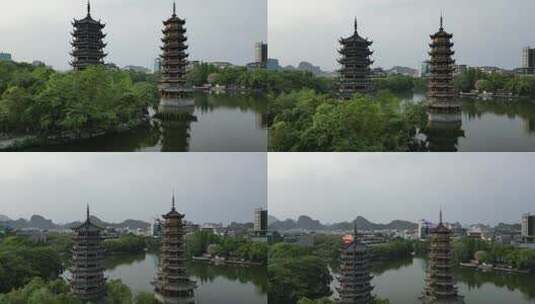 航拍广西桂林日月双塔地标建筑高清在线视频素材下载