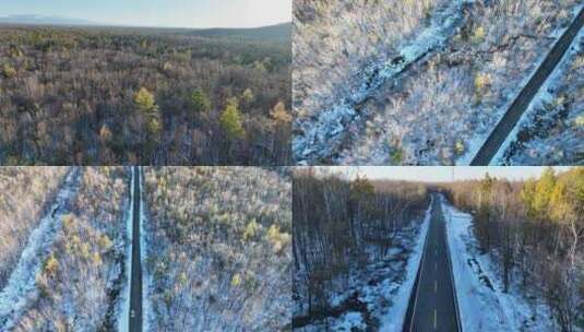 航拍长白山山脚森林公园雪后火山积雪公路高清在线视频素材下载