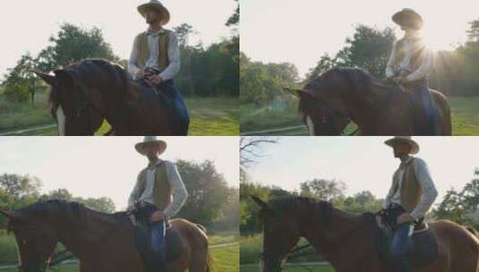 森林草坪上骑马的美国牛仔高清在线视频素材下载