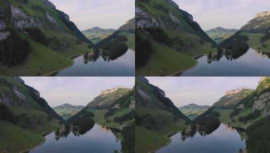 瑞士阿彭策尔阿尔卑斯山Seealpsee湖上空的空中盘旋高清在线视频素材下载