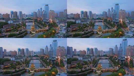 中国贵州贵阳甲秀楼和城市天际线夜景航拍高清在线视频素材下载