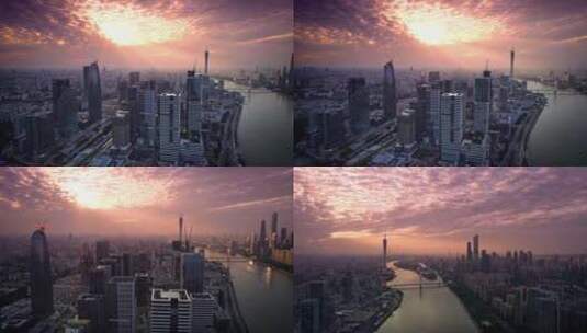 航拍夕阳火烧云下的广州琶洲高清在线视频素材下载