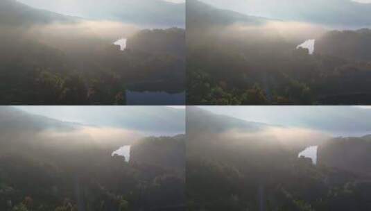航拍清晨山水云雾高清在线视频素材下载