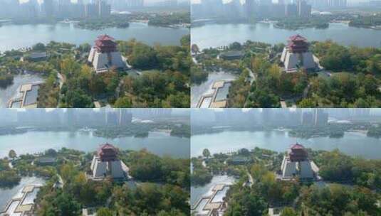 枣庄东湖公园中兴阁鲁南水城航拍片段高清在线视频素材下载