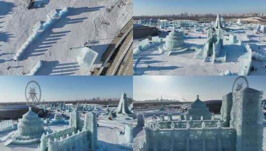 4K第25届哈尔滨冰雪大世界航拍高清在线视频素材下载