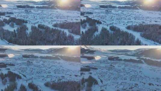 新疆阿勒泰禾木冬季炊烟日出震撼航拍风景高清在线视频素材下载