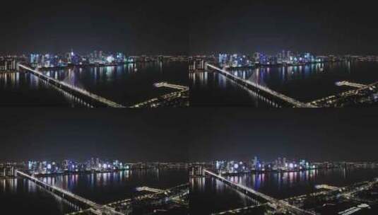航拍杭州钱江新城夜景灯光秀高清在线视频素材下载