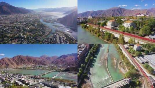 西藏航拍 拉萨市 布达拉宫 拉萨河高清在线视频素材下载