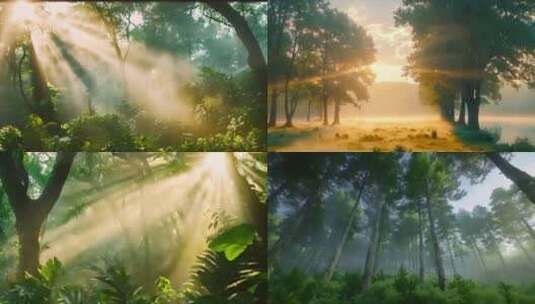 唯美森林丁达尔逆光云雾春天树大自然风景风高清在线视频素材下载