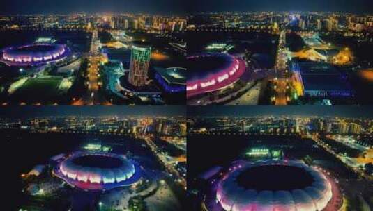 河北沧州体育中心夜景灯光航拍高清在线视频素材下载