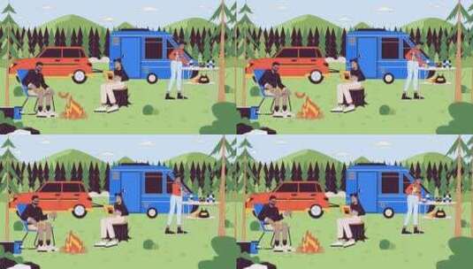 露营地休闲线卡通动画高清在线视频素材下载