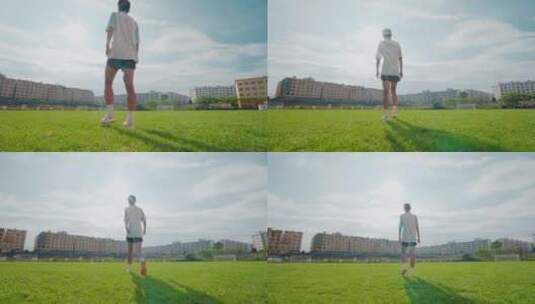 学校足球场学生脚踩草地行走全景升格视频高清在线视频素材下载