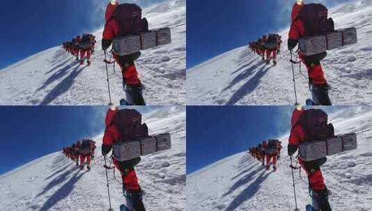 风雪中攀登冰川之父慕士塔格峰雪山的登山队高清在线视频素材下载