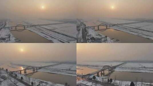 雪后冬日夕阳西下的桥和河流高清在线视频素材下载