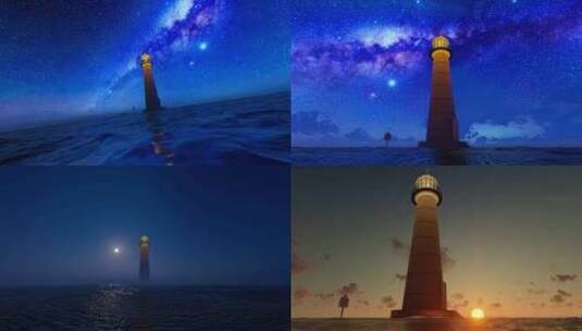 夜晚星空下的海上灯塔高清在线视频素材下载
