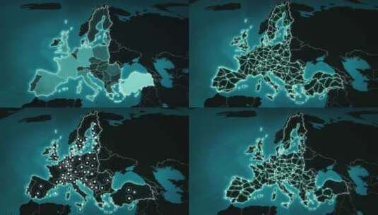 带有欧洲机场、公路和铁路的世界地图。蓝色高清在线视频素材下载