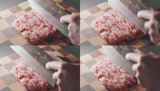 厨师菜刀剁肉馅肉糜猪肉在案板上高清在线视频素材下载