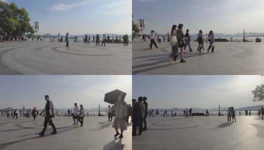西湖广场游览散步的行人高清在线视频素材下载