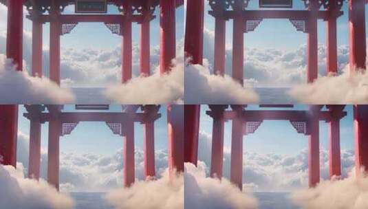 中国风开场动画，云上天宫和古代建筑高清在线视频素材下载