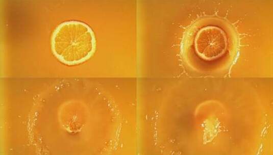 一块圆圆的新鲜橙子溅到橙汁里高清在线视频素材下载
