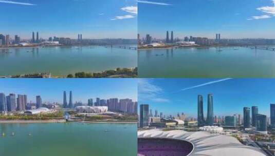 杭州奥体中心杭州之门高楼大厦摩天大楼航拍高清在线视频素材下载