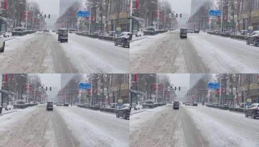 城市下雪街头结冰路面行车高清在线视频素材下载