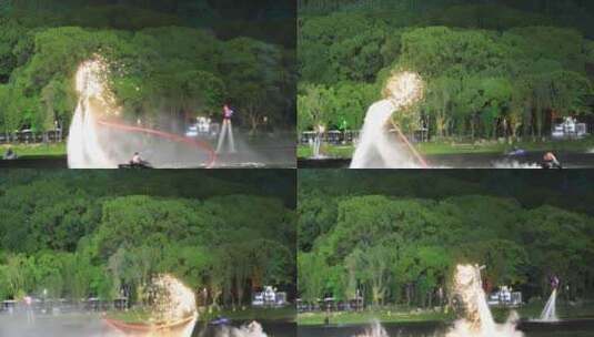 水上飞人放烟花表演 苏州新区狮山广场高清在线视频素材下载