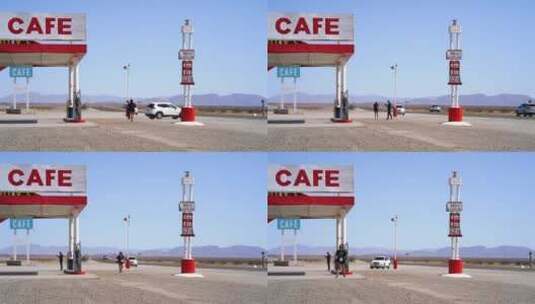沙漠公路沿线休息区的人车交通高清在线视频素材下载