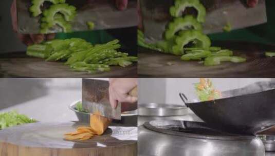 大厨切苦瓜红萝卜学校饭堂厨师做大锅菜高清在线视频素材下载