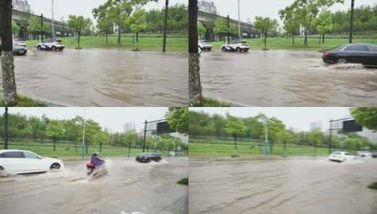 夏天雨季城市街道积水场景高清在线视频素材下载