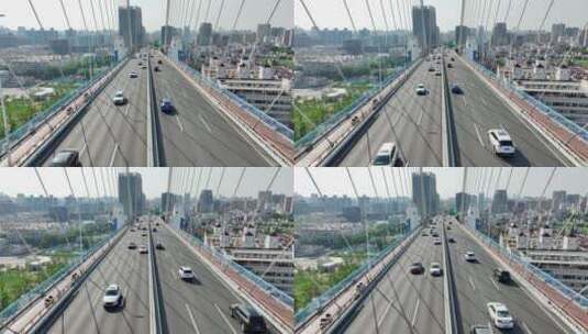 穿桥航拍杨浦大桥车流高清在线视频素材下载
