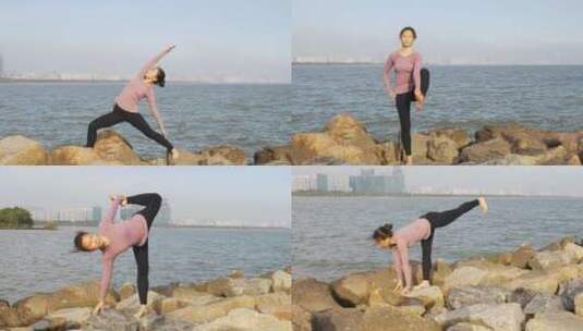 深圳海边练习瑜伽拉升放松的都市白领女性高清在线视频素材下载