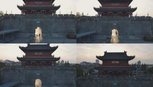 航拍湖北荆州古城城门与城墙高清在线视频素材下载