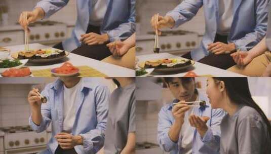男子用筷子夹寿司喂女人吃高清在线视频素材下载