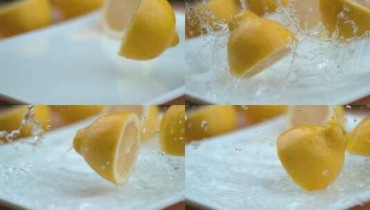 切成两半的柠檬掉入水中水花四溅高清在线视频素材下载