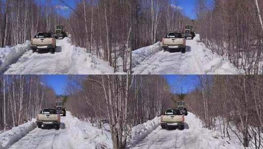 行驶在崎岖颠簸的森林雪路上高清在线视频素材下载