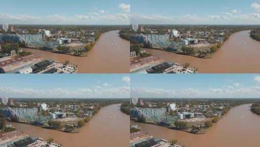 航拍河边城市高清在线视频素材下载