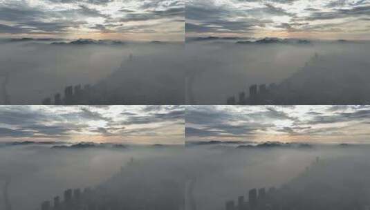温州世贸中心大厦平流雾航拍高清在线视频素材下载