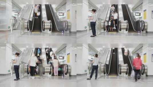 地铁站内乘客上下手扶电梯人群人流延时摄影高清在线视频素材下载
