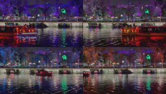 城市亮化河流游船夜景亮化高清在线视频素材下载