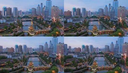 中国贵州贵阳甲秀楼和城市天际线夜景航拍高清在线视频素材下载