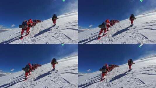 风雪中攀登冰川之父慕士塔格峰雪山的登山队高清在线视频素材下载