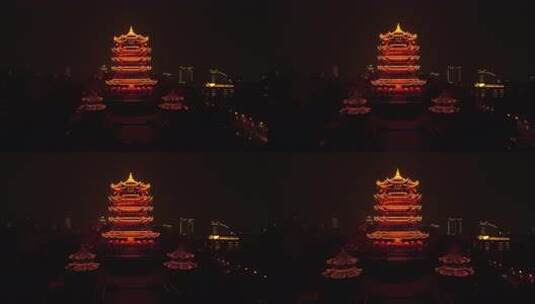 武汉黄鹤楼灯光夜景多角度航拍高清在线视频素材下载