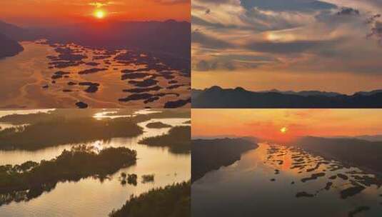 夕阳下的千岛湖 仙岛湖日落延时高清在线视频素材下载