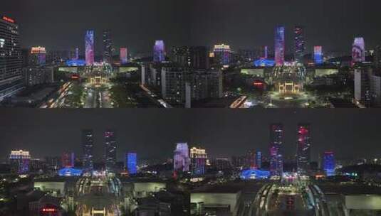 江门五邑华侨广场夜景航拍蓬江万达广场夜景高清在线视频素材下载