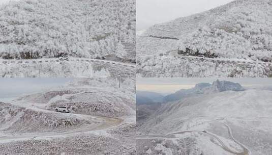 越野车行驶在雪天的大瓦山山路上合集高清在线视频素材下载