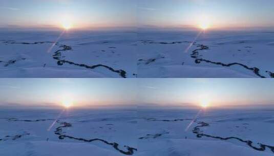 辽阔雪原蜿蜒特泥河唯美夕阳高清在线视频素材下载