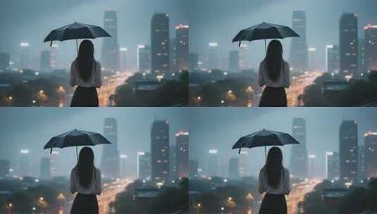 雨中撑伞女子眺望城市夜景高清在线视频素材下载